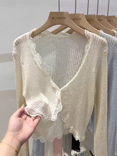 V-neck wood ear edge ice silk knitted sun protection open jacket for women, summer thin version, outerwear, matching with skirts, blazer, air-conditioned shirt