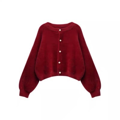 Red Pearl Button Cardigan Jacket Autumn and Winter New French Retro Versatile Women's Short Jacket