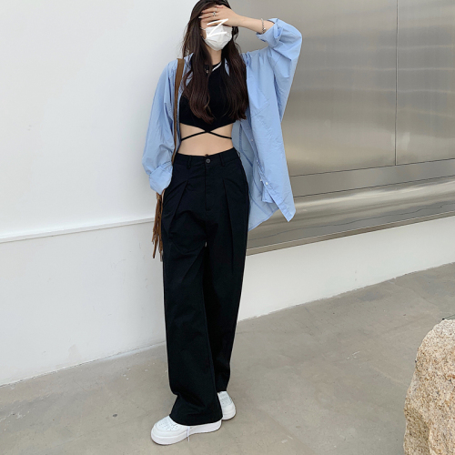 Actual shot of trousers, early autumn high-waisted straight trousers, Korean style loose, casual, versatile wide-leg work trousers