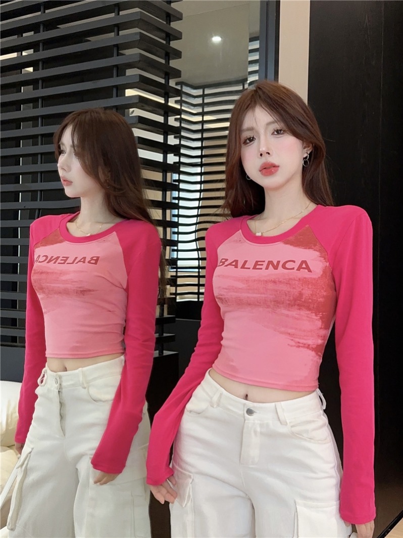 Actual shot ~ 2024 autumn design tie-dye letter print splicing long-sleeved American hottie slim-fitting top