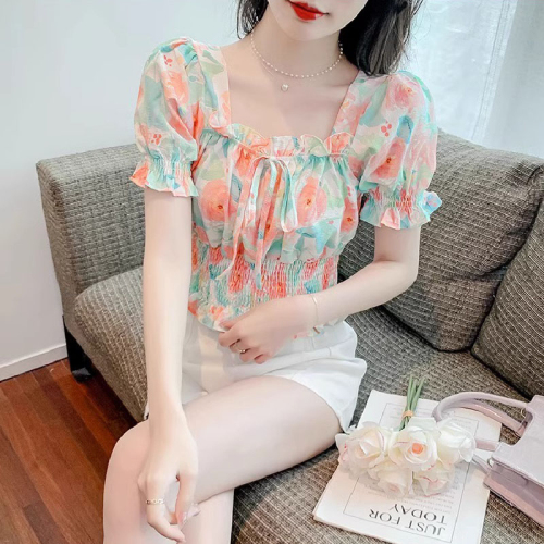 Original workmanship floral chiffon summer short-sleeved women's 2024 beautiful small shirt waist waist fashionable chic short top