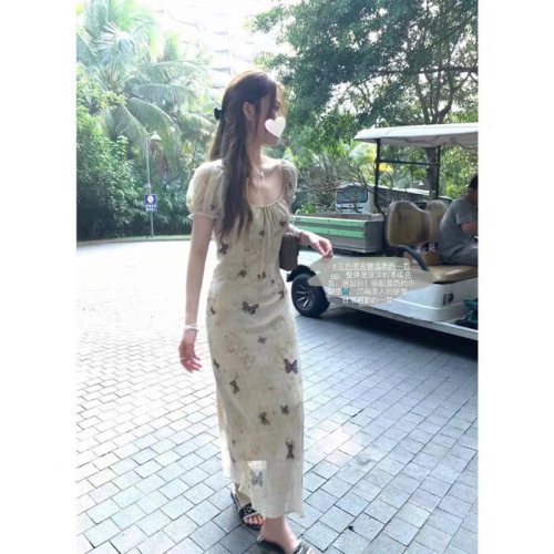 HEYGIRL Southern Evening Breeze 2.0 Butterfly Print Strap Dress Women's Spring Square Collar Puff Sleeve Long Dress