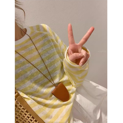 Round neck striped long-sleeved T-shirt for women 2024 summer new Korean style loose casual slimming upper thin sun protection blouse