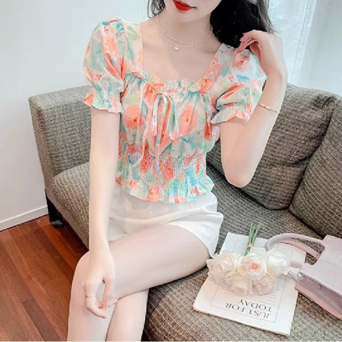 Original workmanship floral chiffon summer short-sleeved women's 2024 beautiful small shirt waist waist fashionable chic short top