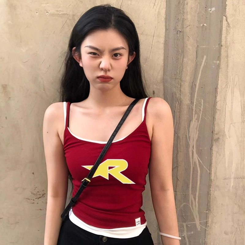High quality pure cotton 220g 40 count smooth food wool 92 cotton 8 spandex slim fake two piece suspender t-shirt for women