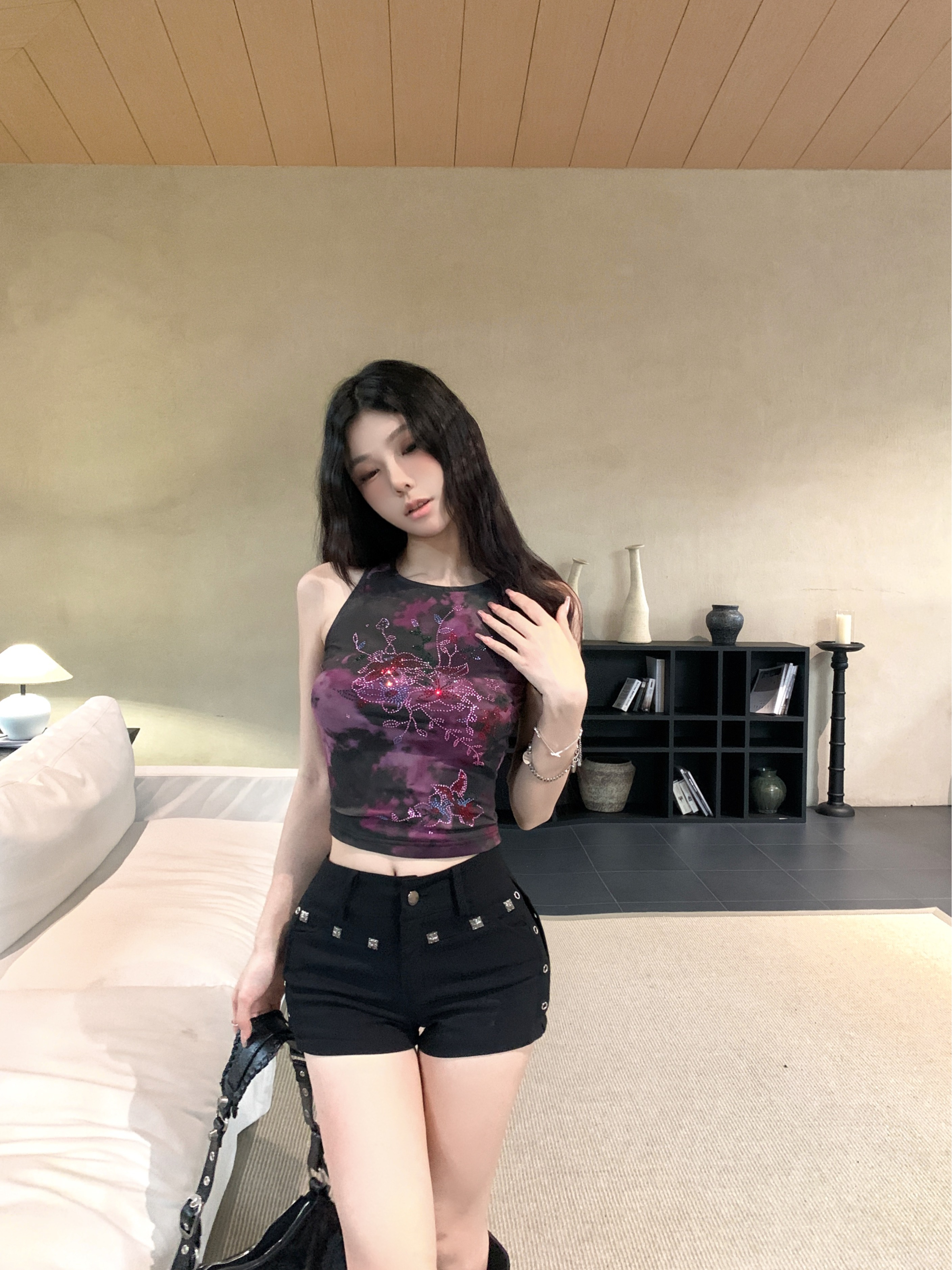 Real shot of pure lust hot girl's design hot diamond printed vest female slimming short top