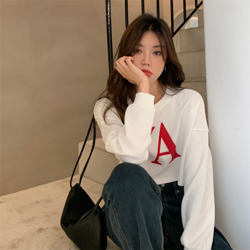 5026#Real shot of spring and autumn sweatshirt women's pullover letter print short loose navel-baring round neck long-sleeved top for women