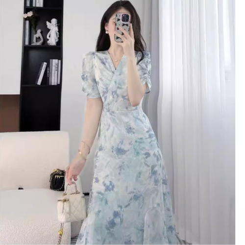 French cheongsam summer floral V-neck skirt new mother's wear French casual sexy short-sleeved slimming European and American