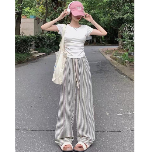 Black and white vertical striped pants for women summer and autumn 2024 new style small loose slim casual straight wide leg pants