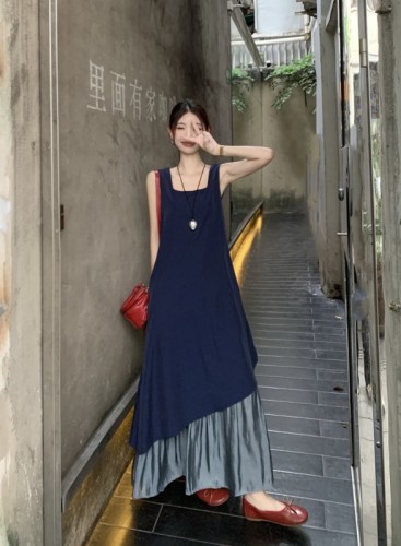 Actual shot and real price~High-end Korean style lazy design irregular hem patchwork vest dress for women long skirt