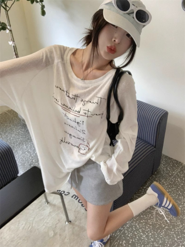 Lazy style thin blue long-sleeved T-shirt women's summer sun protection blouse simple versatile loose top