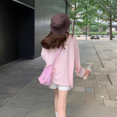 Striped long-sleeved ice silk sunscreen T-shirt for women summer thin loose design top niche suspender top blouse