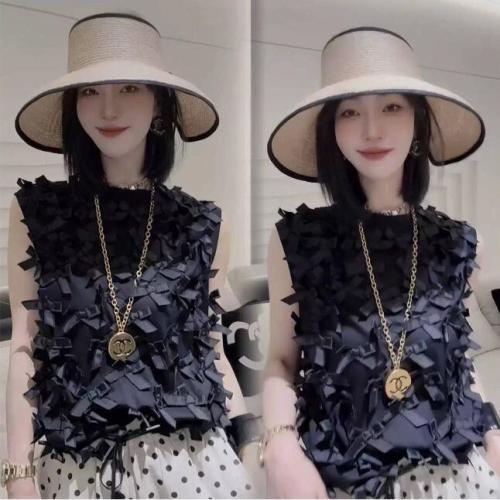 French round neck black sleeveless vest for women 2024 summer three-dimensional bow loose vest temperament age-reducing top