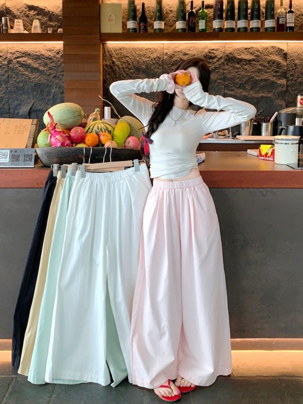 Real shot of lazy style casual pants women's 2024 summer solid color simple pants loose slimming drape wide leg pants