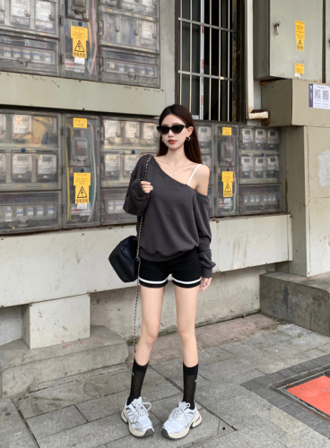 Actual shot~ Hot girl's slanted shoulder long-sleeved casual and versatile sweatshirt + sports slimming bottoming suspender shorts set