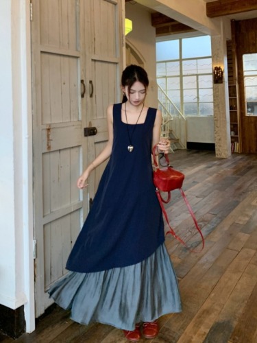 Actual shot and real price~High-end Korean style lazy design irregular hem patchwork vest dress for women long skirt