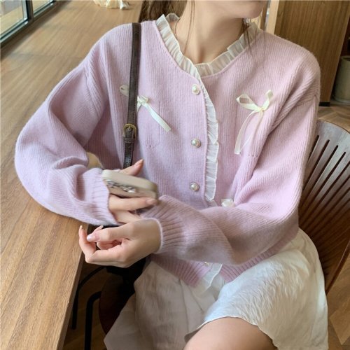 PPHOME Romance forever ~ French sweet age-reducing bow sweater for women with lace splicing soft waxy knitted cardigan