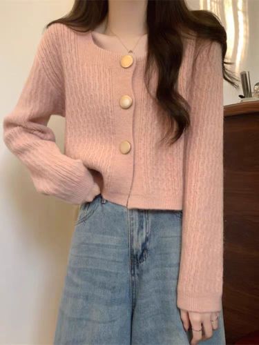 Chic and Unique Square Neck Loose Short Sweater Cardigan Jacket Women Spring and Autumn 2024 New Small Knitted Top