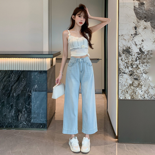 Nine-point wide-leg jeans for women, summer thin, new style, Korean-style eight-point straight granny pants for small people