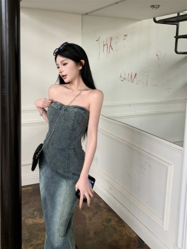 Real shot!  High-end temperament retro tube top dress slim denim A-line skirt long skirt for women