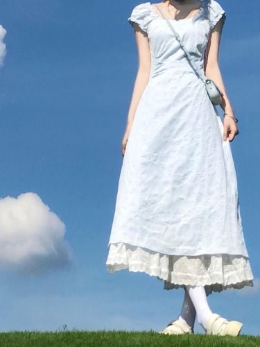 Real shot blue fake two piece lace skirt dress dopamine A line long skirt short sleeves for women