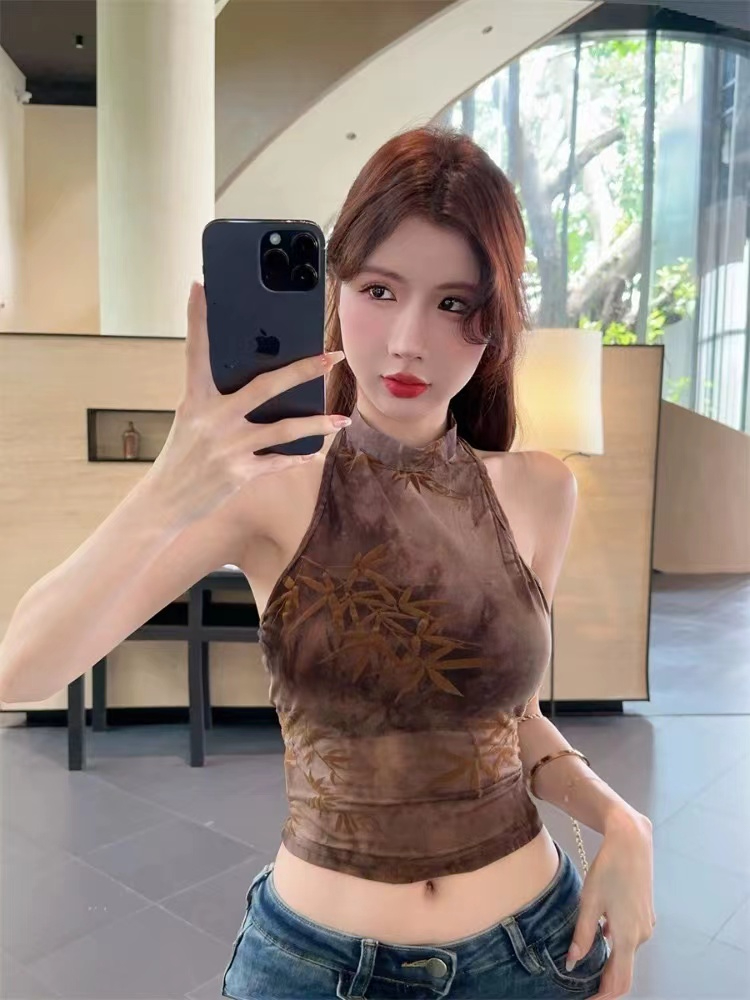 Summer Fashion Versatile High Waist Slim Short Top New Fashion New Chinese Style Retro Improved Halter Vest for Women