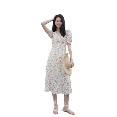 Foreign Trade French Cheongsam Square Neck Skirt Slit Short Sleeve New Bubble Sweet Casual Hot Girl Hot Girl 2024 Sexy