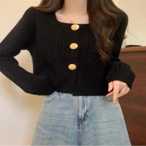 Chic and Unique Square Neck Loose Short Sweater Cardigan Jacket Women Spring and Autumn 2024 New Small Knitted Top