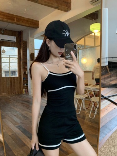 Actual shot~ Hot girl's slanted shoulder long-sleeved casual and versatile sweatshirt + sports slimming bottoming suspender shorts set