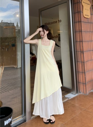 Actual shot and real price~High-end Korean style lazy design irregular hem patchwork vest dress for women long skirt