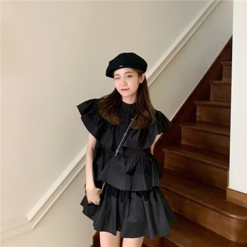 Feifei sleeve shirt dress for women 2024 summer design ruffled loose high waist cake skirt short skirt trendy