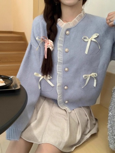 PPHOME Romance forever ~ French sweet age-reducing bow sweater for women with lace splicing soft waxy knitted cardigan