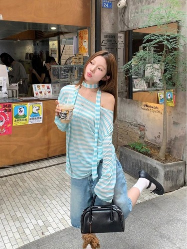 Actual shot 2024~Sea salt mint atmosphere striped one-shoulder long-sleeved T-shirt women's loose off-shoulder top