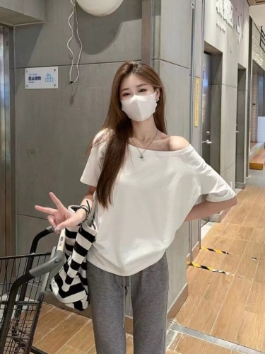 260g casually cut oblique shoulder one-shoulder two-wear design short-sleeved T-shirt for women, versatile slimming elastic solid color top