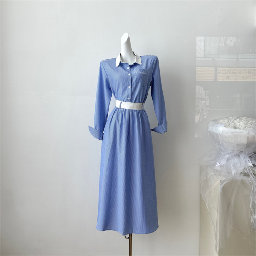 Yang Xiaojuan MIU intellectual college style blue and white striped shirt suit skirt doll collar top/skirt