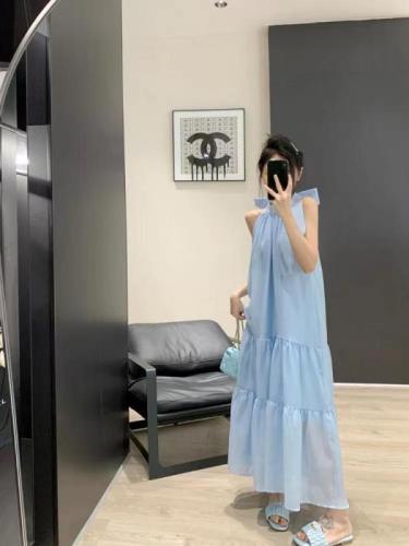 Blue bow suspender dress 2024 summer new style women's French style long skirt vacation style sleeveless skirt