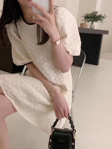 Korean style round neck puff sleeve dress for women 2024 summer new design niche three-dimensional short skirt