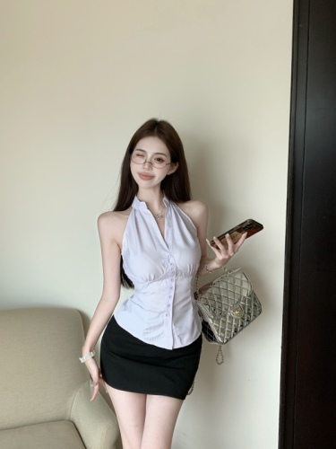 Real shot!  Pure Desire Sleeveless Lapel Halter Shirt Women's Summer Slim Fit Hip Skirt Short Skirt Suit