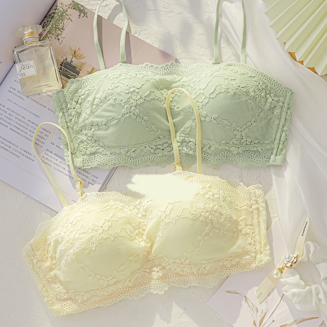 Tube bra women's summer thin style without steel ring big breasts showing small wrapped breasts anti-exposure lace breathable bra set