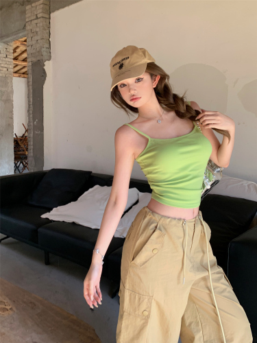 Real shot!  Sweet Cool Hot Girl Suit Women's Slim Fruit Green Camisole Top Women's Summer Casual Wide Leg Overalls