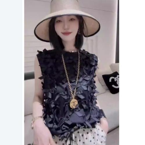 French round neck black sleeveless vest for women 2024 summer three-dimensional bow loose vest temperament age-reducing top