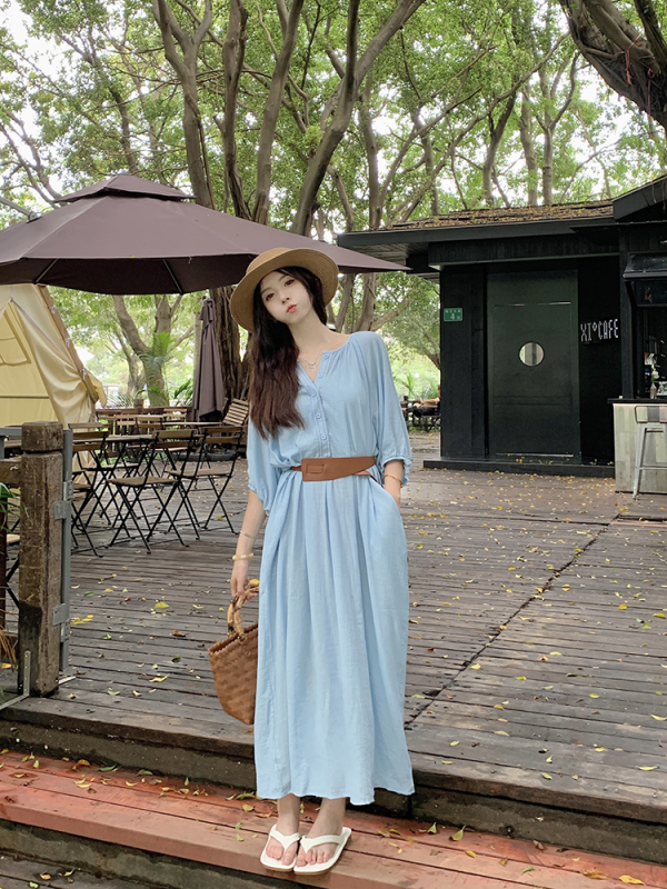 Actual shot and real price~French style lantern sleeve waist dress for women, summer high-end slimming long skirt with wide hem