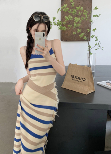 Tmall quality Hong Kong style hot girl striped suspender dress women's summer long skirt slim knitted hip skirt