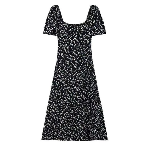 Artistic atmosphere French small square neck side slit printed dress