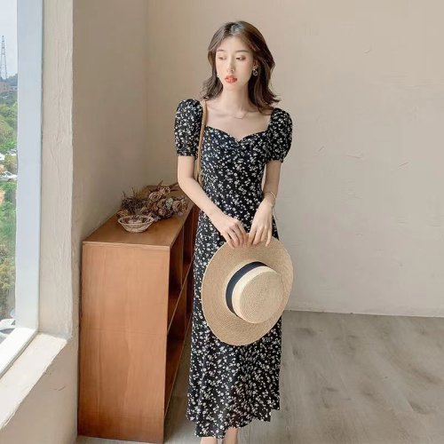 Artistic atmosphere French small square neck side slit printed dress