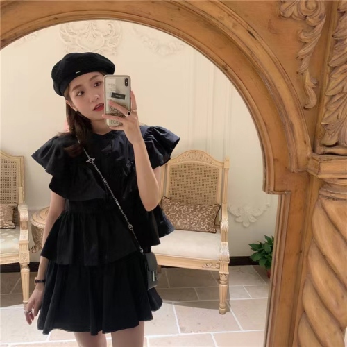 Feifei sleeve shirt dress for women 2024 summer design ruffled loose high waist cake skirt short skirt trendy