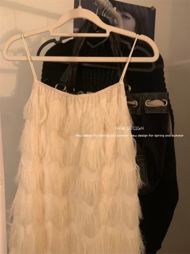 Resort style high-end suspender tassel white dress for children summer new French goddess celebrity suspender skirt