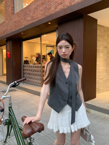 Real shot#Women's high-end suit vest for women 2024 spring new layered top with ribbon