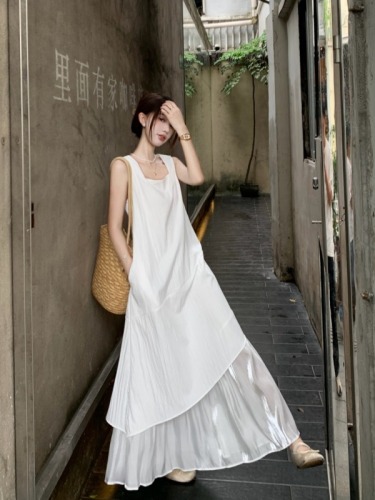 Actual shot and real price~High-end Korean style lazy design irregular hem patchwork vest dress for women long skirt