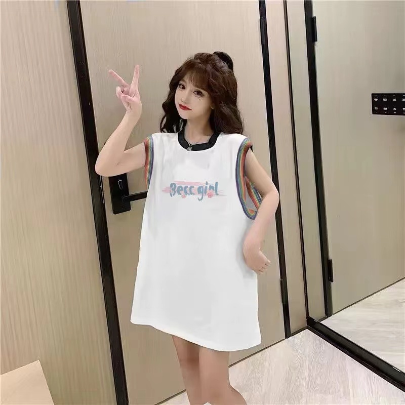 Summer French sweet and spicy back printed vest vest sleeveless T-shirt women's design niche ribbon splicing top